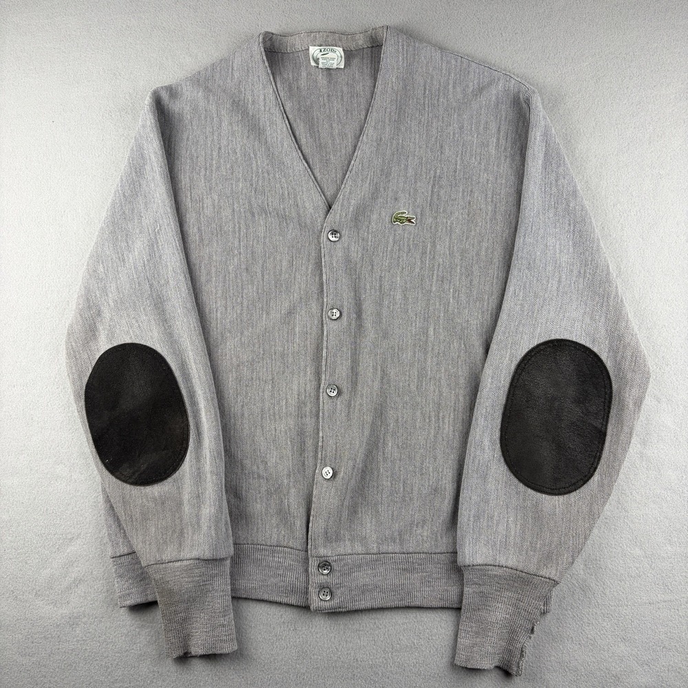 Vintage IZOD Lacoste Cardigan Sweater Gray XL USA Made Elbow Patch